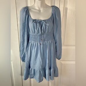 Women’s Blue Square Neck Long Puff Sleeve Smock Waist A Line Mini Dress